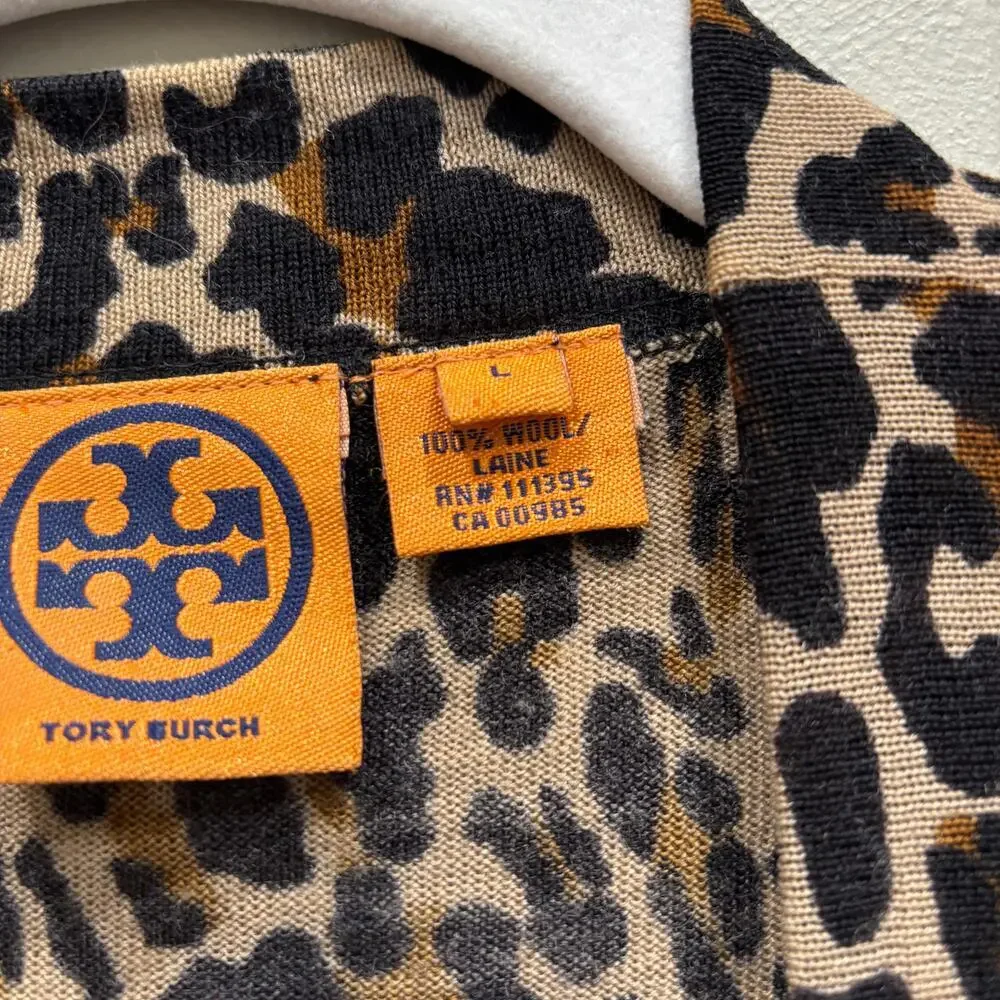 Tory Burch Merino Wool Leopard Print Cardigan Black Brown - Size: Large